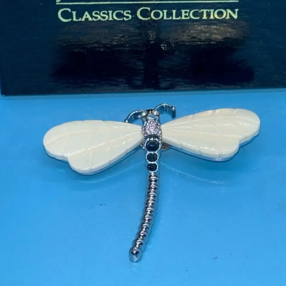 Vtg Joan Rivers Dragonfly pin brooch silver white opal wings crystal body +box